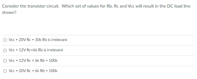 Consider the transistor circuit. Which set of values for Rb, Rc and Vcc will result in the DC load line
shown?
Vcc = 20V Rc = 10k Rb is irrelevant
O Vcc = 12V Rc=6k Rb is irrelevant
O Vcc = 12V Rc = 6k Rb = 100k
O Vcc = 20V Rc = 6k Rb = 100k
