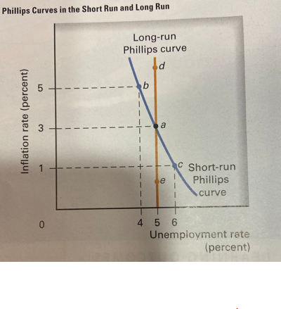 Phillips Curves in the Short Run and Long Run
Long-run
Phillips curve
5
a
C Short-run
Phillips
C
e
curve
45 6
Unempioyment rate
(percent)
Inflation rate (percent)
