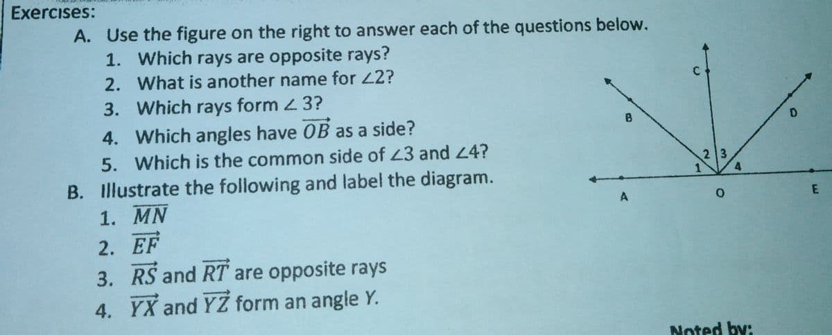 Exercises:
A. Use the figure on the right to answer each of the questions below.
1. Which rays are opposite rays?
2. What is another name for 42?
3. Which rays form 3?
4. Which angles have OB as a side?
5. Which is the common side of 43 and 4?
B. Illustrate the following and label the diagram.
1. MN
B
2 3
4
2. EF
3. RS and RT are opposite rays
4. YX and YZ form an angle Y.
Noted by:
