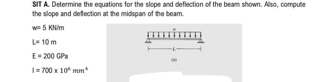 SIT A. Determine the equations for the slope and deflection of the beam shown. Also, compute
the slope and deflection at the midspan of the beam.
w= 5 KN/m
L= 10 m
E = 200 GPa
(a)
| = 700 x 106 mm4
