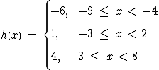 |-6, -9 < * < -4
h(r) =
{1,
-3 < * < 2
| 4,
3 < r < 8
