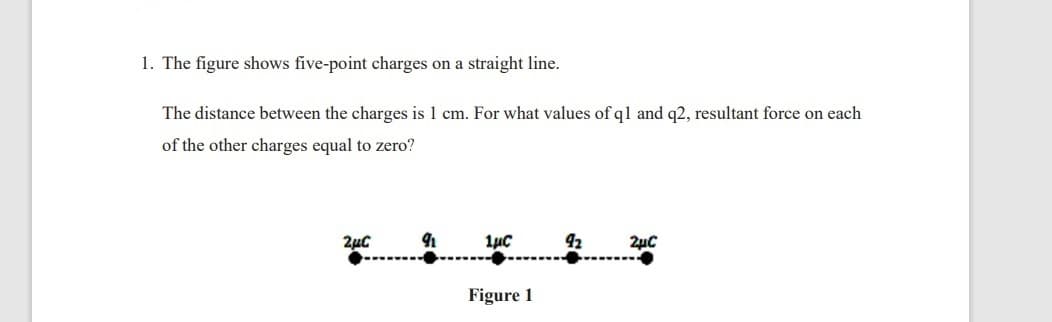 1. The figure shows five-point charges on a straight line.
The distance between the charges is 1 cm. For what values of ql and q2, resultant force on each
of the other charges equal to zero?
92
2µC
Figure 1
