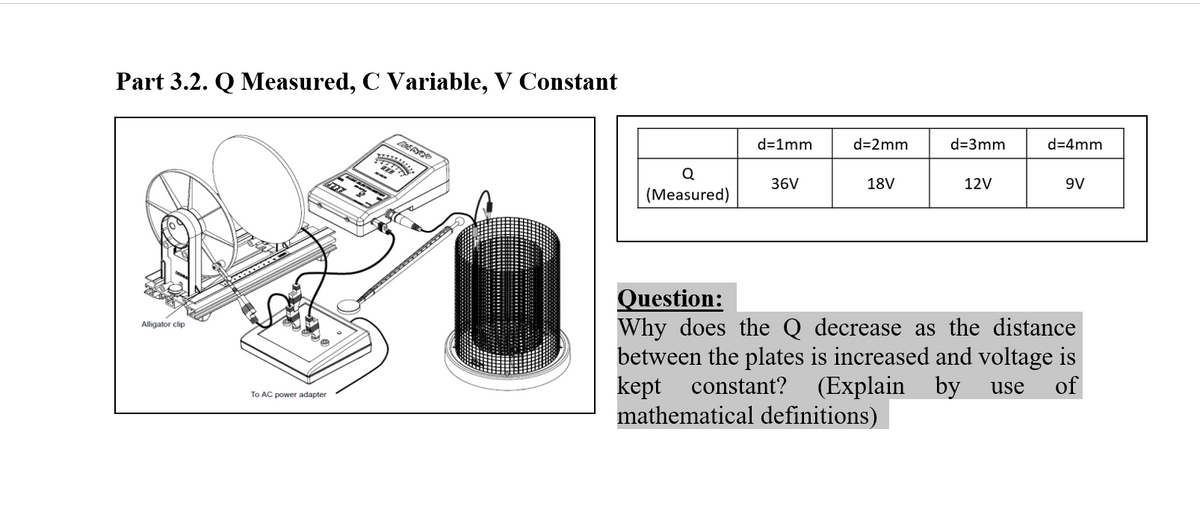 Part 3.2. Q Measured, C Variable, V Constant
d=1mm
d=2mm
d=3mm
d=4mm
Q
36V
18V
12V
9V
(Measured)
Question:
Why does the Q decrease as the distance
between the plates is increased and voltage is
kept constant? (Explain by
mathematical definitions)
Alligator clip
use
of
To AC power adapter
