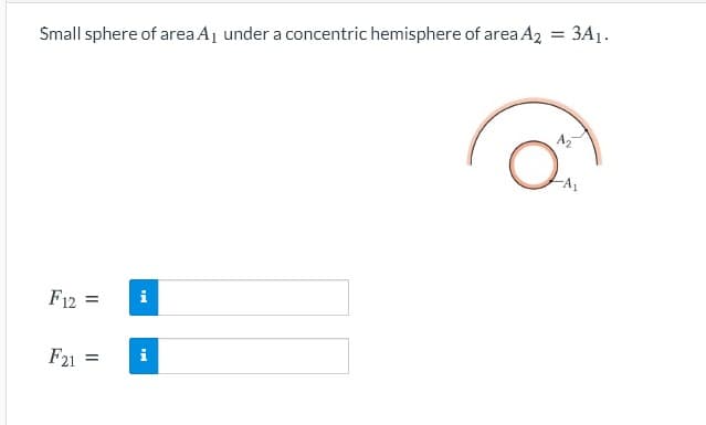 Small sphere of area A1 under a concentric hemisphere of area A2 = 3A1.
F12 =
i
F21 =
i
