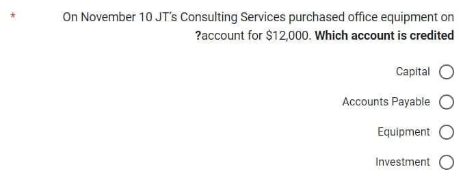 On November 10 JT's Consulting Services purchased office equipment on
?account for $12,000. Which account is credited
Capital O
Accounts Payable
Equipment O
Investment O