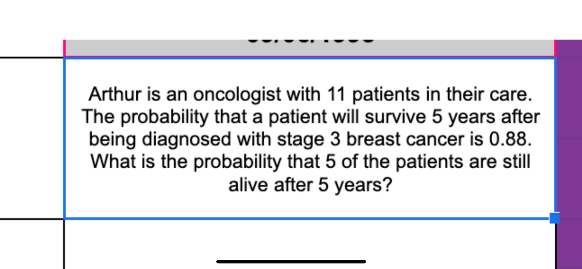 Arthur is an oncologist with 11 patients in their care.
The probability that a patient will survive 5 years after
being diagnosed with stage 3 breast cancer is 0.88.
What is the probability that 5 of the patients are still
alive after 5 years?
