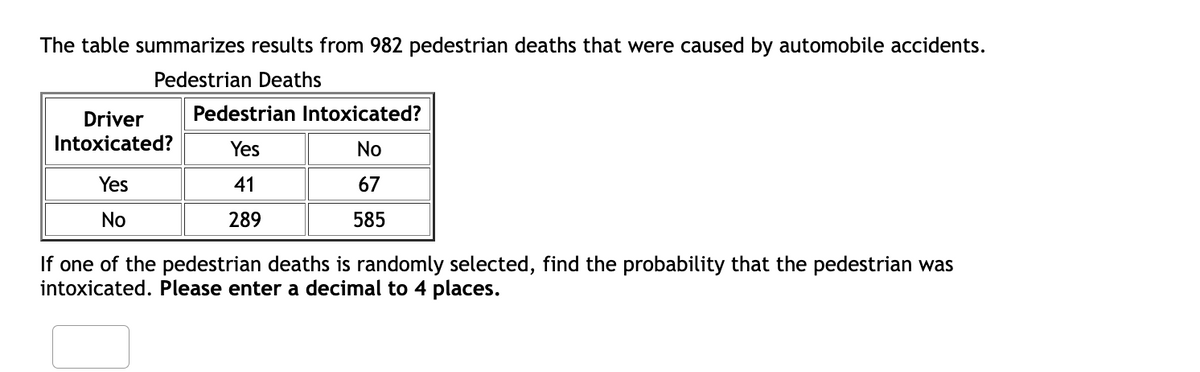 The table summarizes results from 982 pedestrian deaths that were caused by automobile accidents.
Pedestrian Deaths
Driver
Pedestrian Intoxicated?
Intoxicated?
Yes
No
Yes
41
67
No
289
585
If one of the pedestrian deaths is randomly selected, find the probability that the pedestrian was
intoxicated. Please enter a decimal to 4 places.
