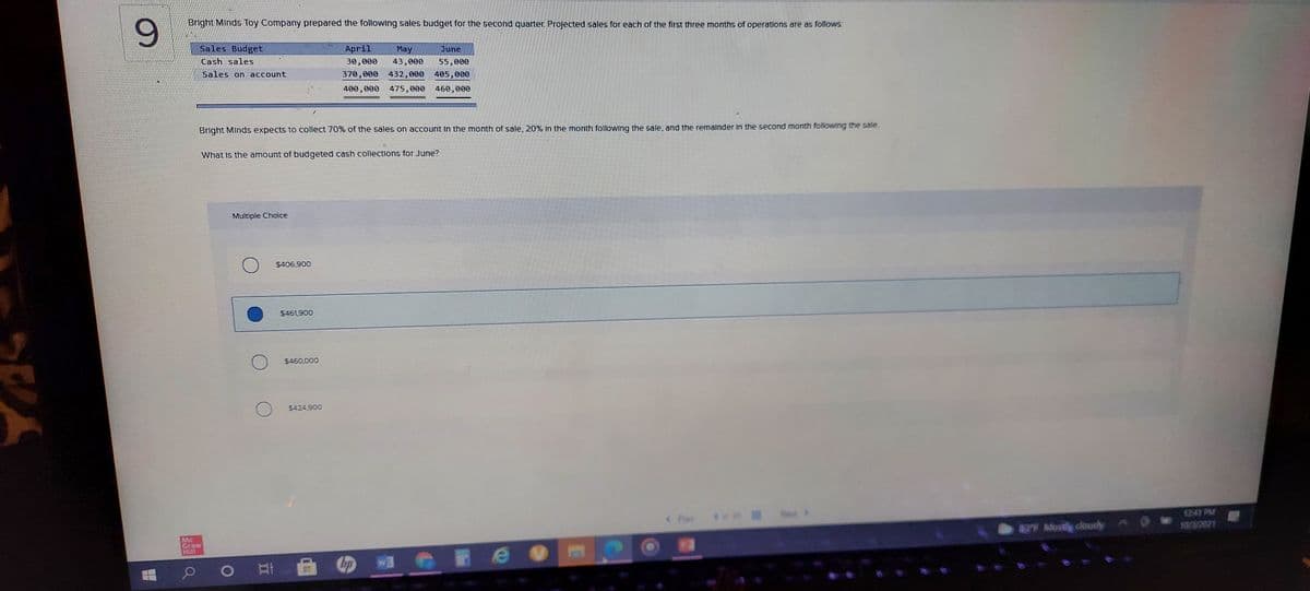 9.
Bright Minds Toy Company prepared the followIng sales budget for the second quarter. Projected sales for each of the first three months of operatlons are as follows:
Sales Budget
April
May
June
Cash sales
30,000
43,000
55,000
Sales on account
370,000 432,000 405,000
400, 000 475,000 460,000
Bright Minds expects to collect 70% of the sales on account In the month of sale, 20% In the month followIng the sale, and the remalnder In the second month following the sale.
What Is the amount of budgeted cash collections for June?
Multiple Choice
$406.900
$461.900
$460,000
$424.900
1241 PM
10/1/2021
3F Mostle cloudy
Mc
Graw
Hill
o 耳_@の
