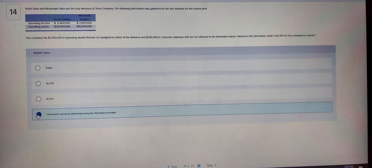 Retall Sales and Wholesale Sales are the only divislons of Terra Company. The following Information was gathered for the two divislons for the current year:
14
Wholesale
Retal DIvision
DIVision
Operating Income
Operating assets
$ 6,400,000
$36,400,000
$ 2,900,000
$16,400,000
The company has $1,400,000 In operating assets that are not assigned to elther of the dvislons and $240,000 In corporate expenses that are not reflected In the Information above. Based on this information, what is the ROI for the company as a whole?
Multiple Choice
17.61%
35.27%
16.72%
The answer cannot be determined using the information provided.
< Prev
14 of 25
1:09 PM
