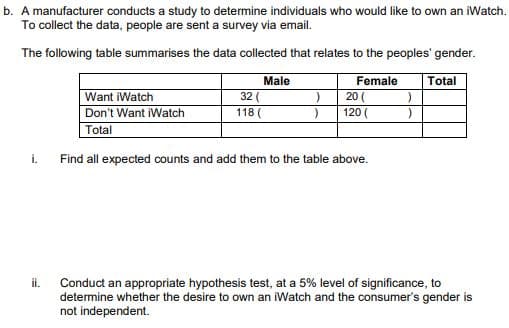 b. A manufacturer conducts a study to determine individuals who would like to own an iWatch.
To collect the data, people are sent a survey via email.
The following table summarises the data collected that relates to the peoples' gender.
Male
Female
Total
32 (
)
20 (
Want iWatch
Don't Want iWatch
118 (
)
120 (
Total
i.
Find all expected counts and add them to the table above.
ii.
Conduct an appropriate hypothesis test, at a 5% level of significance, to
determine whether the desire to own an iWatch and the consumer's gender is
not independent.
)