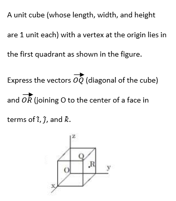 A unit cube (whose length, width, and height
are 1 unit each) with a vertex at the origin lies in
the first quadrant as shown in the figure.
Express the vectors 0Q (diagonal of the cube)
and OR (joining O to the center of a face in
terms of î, j, and R.
R
