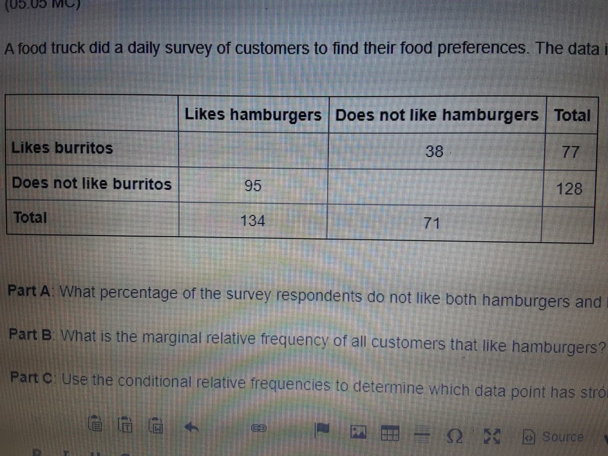 (05.05 MC)
A food truck did a daily survey of customers to find their food preferences. The data i
Likes hamburgers Does not like hamburgers Total
Likes burritos
38
77
Does not like burritos
95
128
Total
134
71
Part A. What percentage of the survey respondents do not like both hamburgers and
Part B. What is the marginal relative frequency of all customers that like hamburgers?
Part C Use the conditional relative frequencies to determine which data point has stro
Source
間
