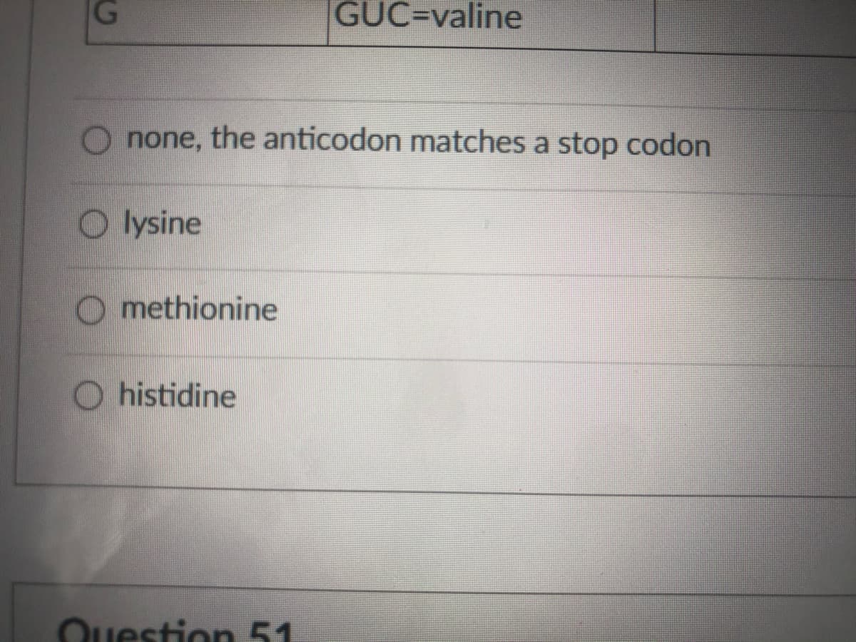 GUC=valine
O none, the anticodon matches a stop codon
O lysine
O methionine
O histidine
Question 51
