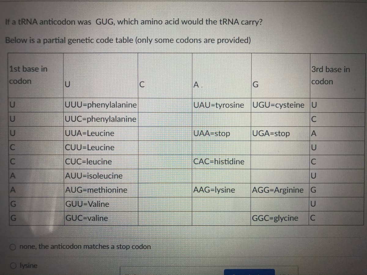 If a TRNA anticodon was GUG, which amino acid would the tRNA carry?
Below is a partial genetic code table (only some codons are provided)
1st base in
3rd base in
codon
C
A
codon
UUU=phenylalanine
UUC=phenylalanine
UAU=tyrosine UGU=cysteine U
UUA=Leucine
UAA=stop
UGA=stop
CUU=Leucine
CUC=leucine
CAC=histidine
C
AUU=isoleucine
AUG=methionine
AAG=lysine
AGG=Arginine G
G
GUU=Valine
G
GUC=valine
GGC=glycine
C
none, the anticodon matches a stop codon
lysine

