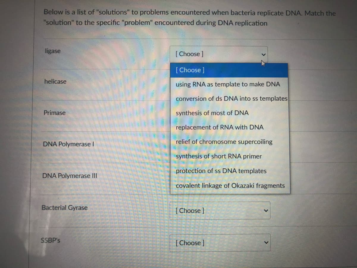 Below is a list of "solutions" to problems encountered when bacteria replicate DNA. Match the
"solution" to the specific "problem" encountered during DNA replication
ligase
[Choose ]
[Choose ]
helicase
using RNA as template to make DNA
conversion of ds DNA into ss templates
Primase
synthesis of most of DNA
replacement of RNA with DNA
DNA Polymerase I
relief of chromosome supercoiling
synthesis of short RNA primer
protection of ss DNA templates
DNA Polymerase III
covalent linkage of Okazaki fragments
Bacterial Gyrase
[ Choose ]
SSBP's
[ Choose ]
