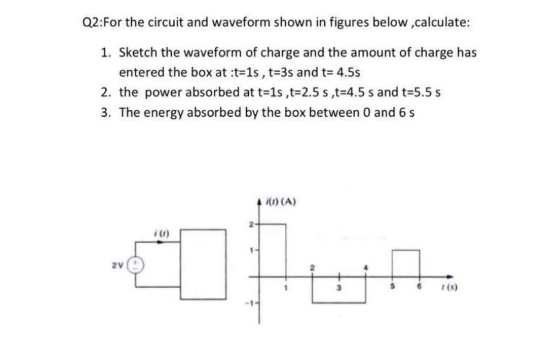 Q2:For the circuit and waveform shown in figures below ,calculate:
1. Sketch the waveform of charge and the amount of charge has
entered the box at :t=1s, t=3s and t= 4.5s
2. the power absorbed at t=1s ,t=2.5 s,t=4.5 s and t=5.5 s
3. The energy absorbed by the box between 0 and 6 s
4 i(1) (A)
2-
i()
2V
t (s)
