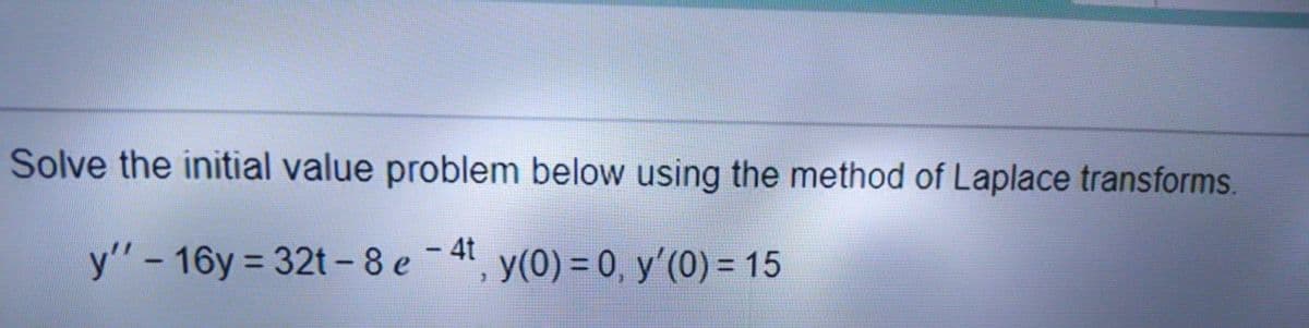 Solve the initial value problem below using the method of Laplace transforms.
y" - 16y = 32t - 8 e -4, y(0) = 0, y'(0) = 15
