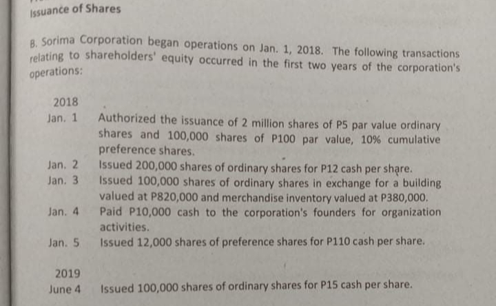 Issuance of Shares
A Sorima Corporation began operations on Jan. 1, 2018. The following transactions
relating to shareholders' equity occurred in the first two years of the corporation's
operations:
2018
Jan. 1 Authorized the issuance of 2 million shares of P5 par value ordinary
shares and 100,000 shares of P100 par value, 10% cumulative
preference shares.
Jan. 2 Issued 200,000 shares of ordinary shares for P12 cash per share.
Jan. 3 Issued 100,000 shares of ordinary shares in exchange for a building
valued at P820,000 and merchandise inventory valued at P380,000.
Jan. 4 Paid P10,000 cash to the corporation's founders for organization
activities.
Jan. 5 Issued 12,000 shares of preference shares for P110 cash per share.
2019
June 4
Issued 100,000 shares of ordinary shares for P15 cash per share.
