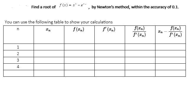 Find a root of (x) = x' - " , by Newton's method, within the accuracy of 0.1.
You can use the following table to show your calculations
f' (#n)
f(rn)
f' (xm)
f(rn)
In
In
f (rn)
f' (En)
2
3
4
