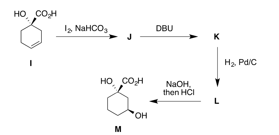 НО СО2Н
12 NaHCO3
DBU
K
На, Pd/C
HO CO2H
NaOH,
then HCI
L
ОН
M
