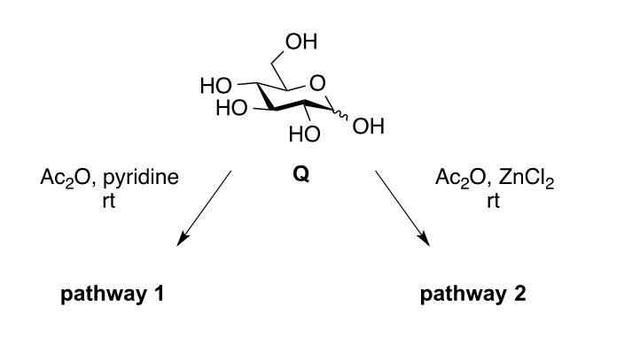 OH
НО
НО
НО
ОН
Q
Ac20, pyridine
rt
Ac20, ZnCl2
rt
pathway 1
pathway 2
