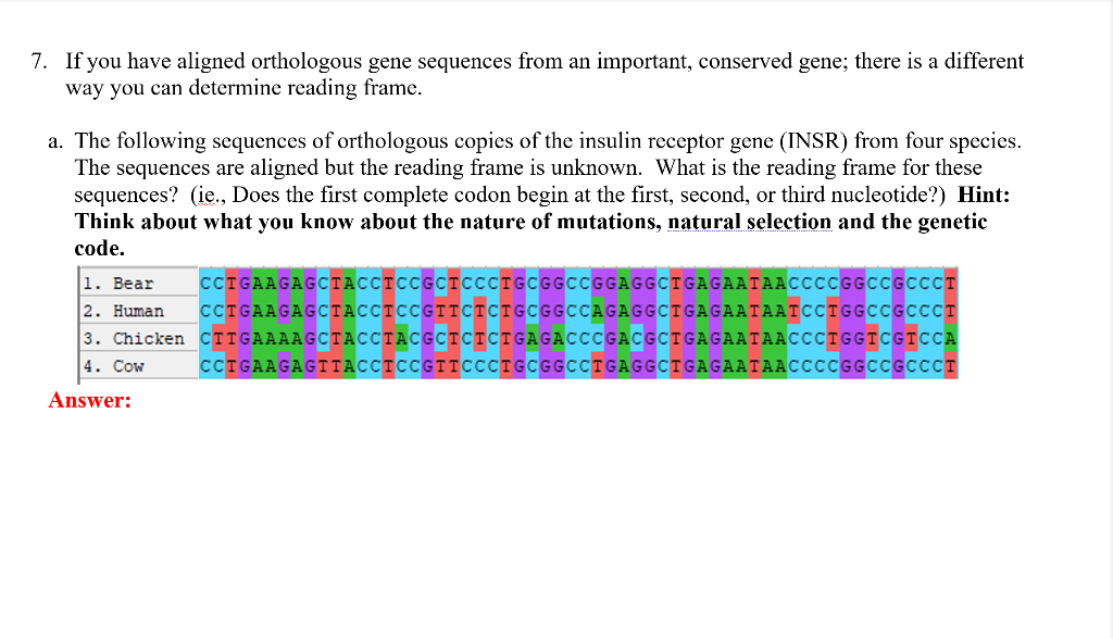7. If you have aligned orthologous gene sequences from an important, conserved gene; there is a different
way you can determine reading frame.
a. The following sequences of orthologous copies of the insulin receptor gene (INSR) from four species.
The sequences are aligned but the reading frame is unknown. What is the reading frame for these
sequences? (ie., Does the first complete codon begin at the first, second, or third nucleotide?) Hint:
Think about what you know about the nature of mutations, natural selection and the genetic
code.
1. Bear
CCTGAAGAGCTACCICCGCICCCIGCGGCCGGAGGCTGAGAATAACCCCGGCCGCCCT
2. Human
CCTGAAGAGCTACCICCGTICICIGCGGCCAGAGGCTGAGAATAATCCIGGCCGCCCI
3. Chicken CITGAAAAGCTACCIACGCTCICIGAGACCCGACGCIGAGAATAACCCTGGICGICCA
4. Cow
CCTGAAGAGTTACCTCCGTTCCCIGCGGCCTGAGGCTGAGAATAACCCCGGCCGCCCT
Answer:
