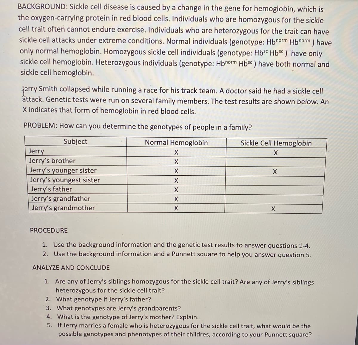BACKGROUND: Sickle cell disease is caused by a change in the gene for hemoglobin, which is
the oxygen-carrying protein in red blood cells. Individuals who are homozygous for the sickle
cell trait often cannot endure exercise. Individuals who are heterozygous for the trait can have
sickle cell attacks under extreme conditions. Normal individuals (genotype: Hbnorm Hbnorm ) have
only normal hemoglobin. Homozygous sickle cell individuals (genotype: Hbsc Hbsc ) 'have only
sickle cell hemoglobin. Heterozygous individuals (genotype: Hbnorm Hbsc ) have both normal and
sickle cell hemoglobin.
terry Smith collapsed while running a race for his track team. A doctor said he had a sickle cell
attack. Genetic tests were run on several family members. The test results are shown below. An
X indicates that form of hemoglobin in red blood cells.
PROBLEM: How can you determine the genotypes of people in a family?
Subject
Normal Hemoglobin
Sickle Cell Hemoglobin
Jerry
Jerry's brother
Jerry's younger sister
Jerry's youngest sister
Jerry's father
Jerry's grandfather
Jerry's grandmother
PROCEDURE
1. Use the background information and the genetic test results to answer questions 1-4.
2. Use the background information and a Punnett square to help you answer question 5.
ANALYZE AND CONCLUDE
1. Are any of Jerry's siblings homozygous for the sickle cell trait? Are any of Jerry's siblings
heterozygous for the sickle cell trait?
2. What genotype if Jerry's father?
3. What genotypes are Jerry's grandparents?
4. What is the genotype of Jerry's mother? Explain.
5. If Jerry marries a female who is heterozygous for the sickle cell trait, what would be the
possible genotypes and phenotypes of their childres, according to your Punnett square?

