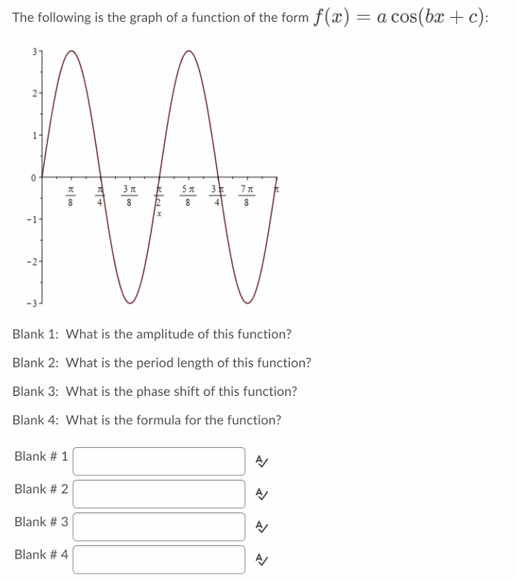 The following is the graph of a function of the form f(x) = a cos(bx + c):
2-
TO
5 n 3t
8
4
-1
-2-
-3.
Blank 1: What is the amplitude of this function?
Blank 2: What is the period length of this function?
Blank 3: What is the phase shift of this function?
Blank 4: What is the formula for the function?
Blank # 1
Blank # 2
Blank # 3
Blank # 4
