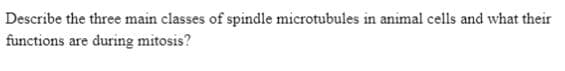 Describe the three main classes of spindle microtubules in animal cells and what their
functions are during mitosis?
