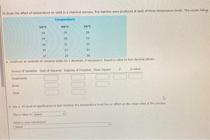 To study the effect of temperature on yield in a chemical process, five batches were produced at each of three temperature levels. The results follow.
Temperature
50°C
60°C
70°C
34
29
28
24
30
33
36
33
33
39
22
35
32
26
36
a. Construct an analysis of variance table (to 2 decimals, if necessary). Round p-value to four decimal places.
p-value
Source of Variation Sum of Squares Degrees of Freedom Mean Square
Treatments
Error
Total
b. Use a .05 level of significance to test whether the temperature level has an effect on the mean yield of the process.
The p-value is Select
What is your conclusion?
Select
00
