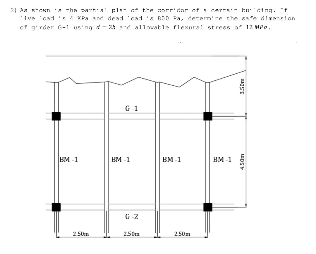 2) As shown is the partial plan of the corridor of a certain building. If
live load is 4 KPa and dead load is 800 Pa, determine the safe dimension
of girder G-1 using d = 2b and allowable flexural stress of 12 MPa.
G-1
BM-1
2.50m
BM-1
G-2
2.50m
BM-1
2.50m
BM-1
3.50m
4.50m