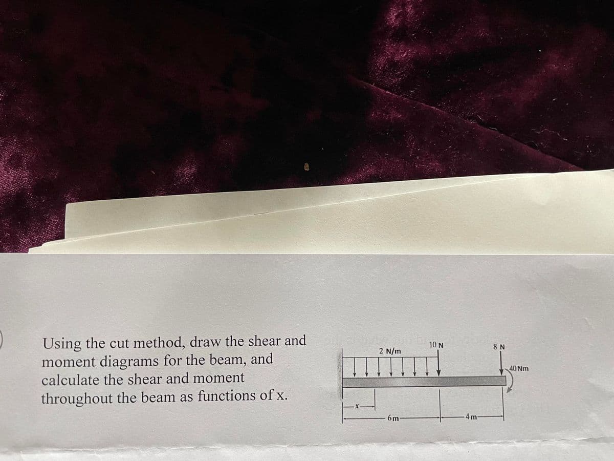 Using the cut method, draw the shear and
moment diagrams for the beam, and
calculate the shear and moment
throughout the beam as functions of x.
2 N/m
6m
10 N
4m-
8 N
40 Nm