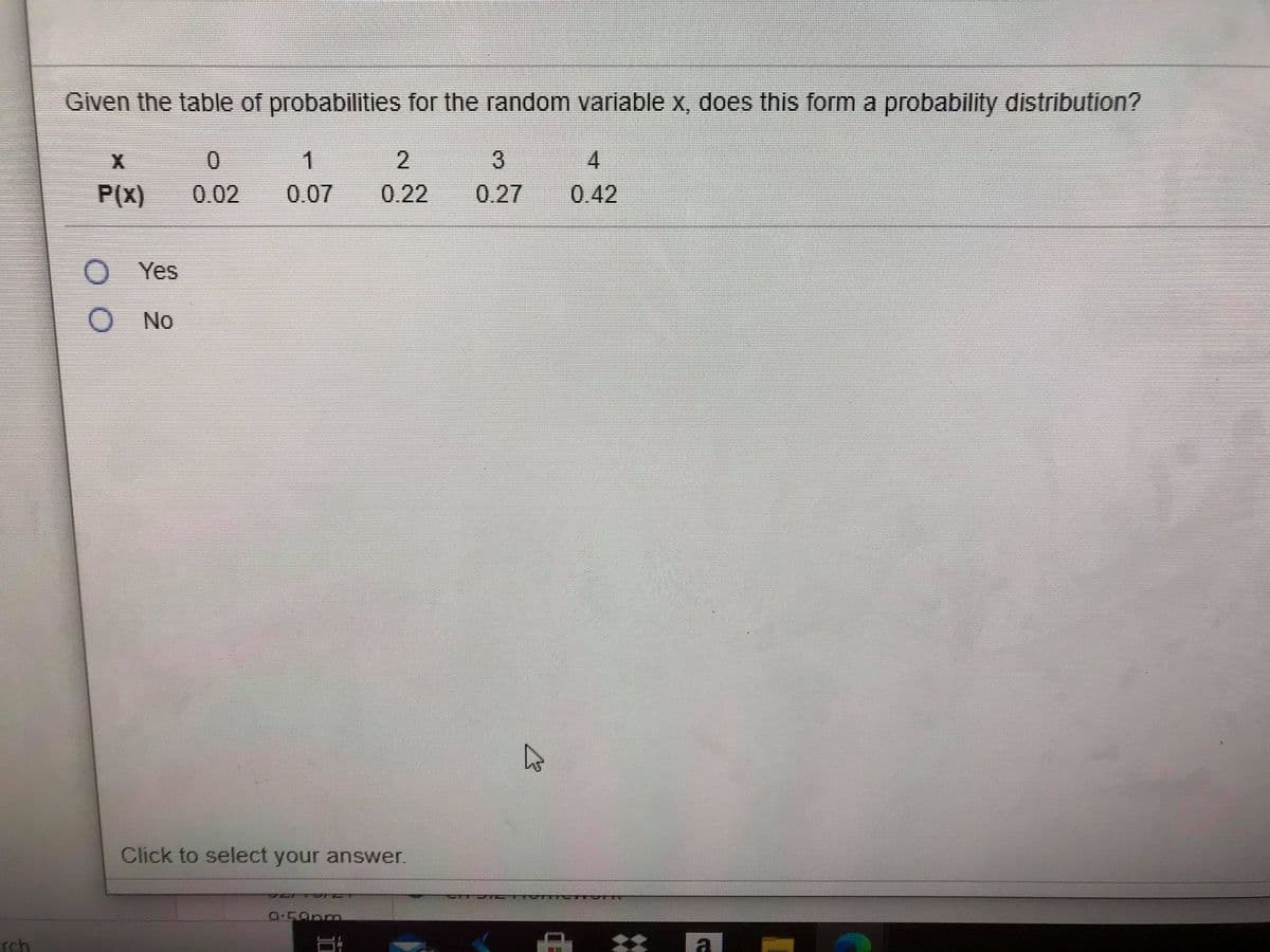 Given the table of probabilities for the random variable x, does this form a probability distribution?
1.
4
P(x)
0.02
0.07
0.22
0.27
0.42
O Yes
No
Click to select your answer.
TT TTY
rch
