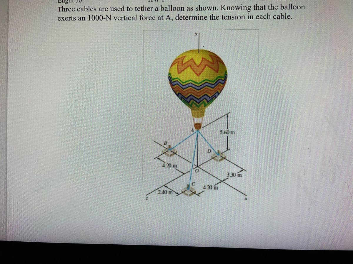 Three cables are used to tether a balloon as shown. Knowing that the balloon
exerts an 1000-N vertical force at A, determine the tension in each cable.
201
2.40 m
420 m
5.60 m
3.30 m
M