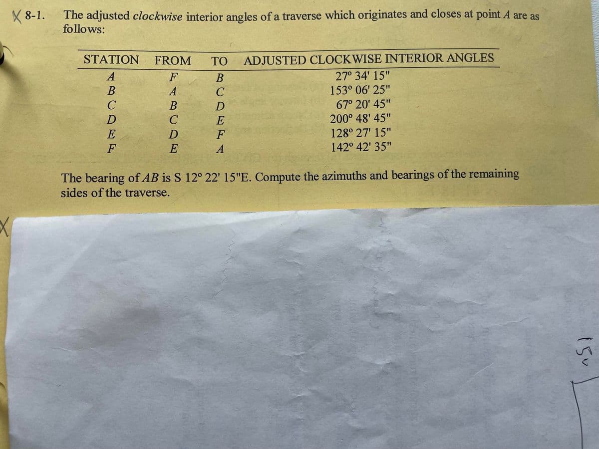 X8-1.
X
The adjusted clockwise interior angles of a traverse which originates and closes at point A are as
follows:
STATION FROM TO ADJUSTED CLOCKWISE INTERIOR ANGLES
A
F
B
27° 34' 15"
B
A
C
153° 06' 25"
C
B
D
67° 20' 45"
D
C
E
200°
48' 45"
E
D
F
128° 27' 15"
F
E
A
142° 42' 35"
The bearing of AB is S 12° 22' 15"E. Compute the azimuths and bearings of the remaining
sides of the traverse.
150