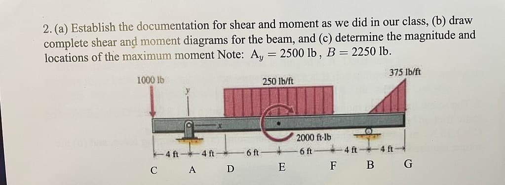 2. (a) Establish the documentation for shear and moment as we did in our class, (b) draw
complete shear and moment diagrams for the beam, and (c) determine the magnitude and
locations of the maximum moment Note: Ay = 2500 lb, B = 2250 lb.
1000 lb
375 lb/ft
4 ft
A
-4 ft
D
6 ft
250 lb/ft
E
2000 ft-lb
6 ft
F
P
4 ft 4 ft-
B
G