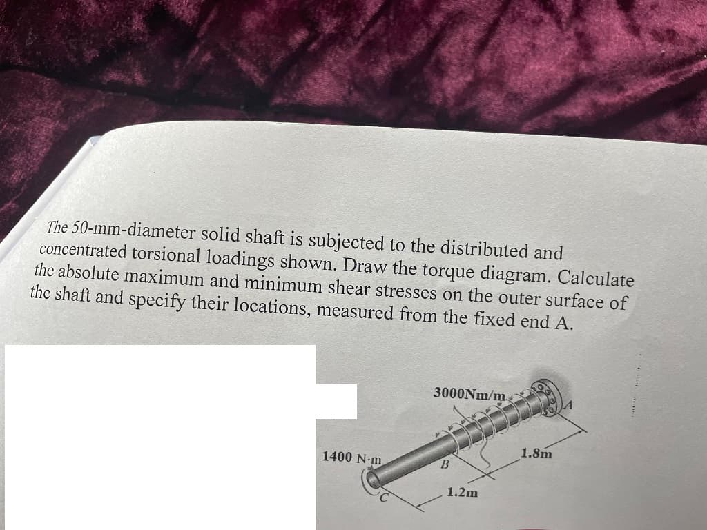 The 50-mm-diameter solid shaft is subjected to the distributed and
concentrated torsional loadings shown. Draw the torque diagram. Calculate
the absolute maximum and minimum shear stresses on the outer surface of
the shaft and specify their locations, measured from the fixed end A.
1400 N·m
3000Nm/m
B
1.2m
1.8m