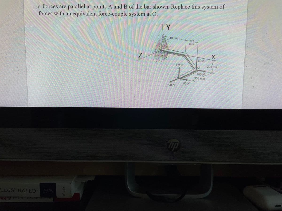 6. Forces are parallel at points A and B of the bar shown. Replace this system of
forces with an equivalent force-couple system at O.
LLUSTRATED SIXTH
VISUOTIN
WILEY
N
Y
400 mm
90 N
175 N
hp
y
225.
111111
85 N
80 N
100 N
350 mm
X
225 mi