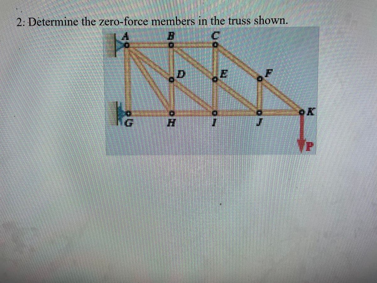 2: Determine the zero-force members in the truss shown.
DH
J
OK
TP