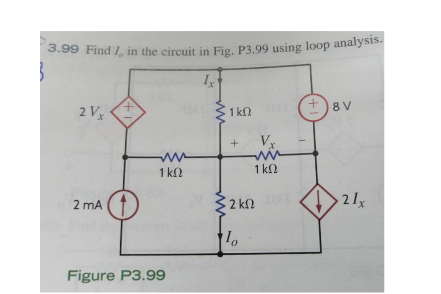 3.99 Find I, in the circuit in Fig. P3.99 using loop analysis.
Ix
+)8 V
2 Vx
1 kN
Vx
1 kN
1 kN
2 mA
2 kN
0.
Figure P3.99
+1
