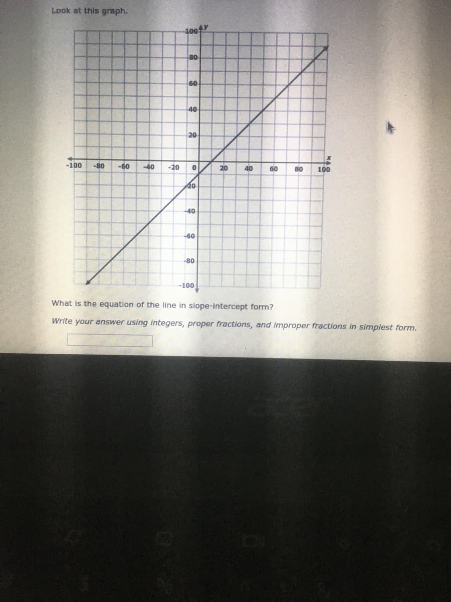 Look at this graph.
100
80
60
40
20
-100
-80
-60
-40
-20
20
40
60
80
100
20
-40
-60
-80
-100
What is the equation of the line in slope-intercept form?
Write your answer using integers, proper fractions, and improper fractions in simplest form.
