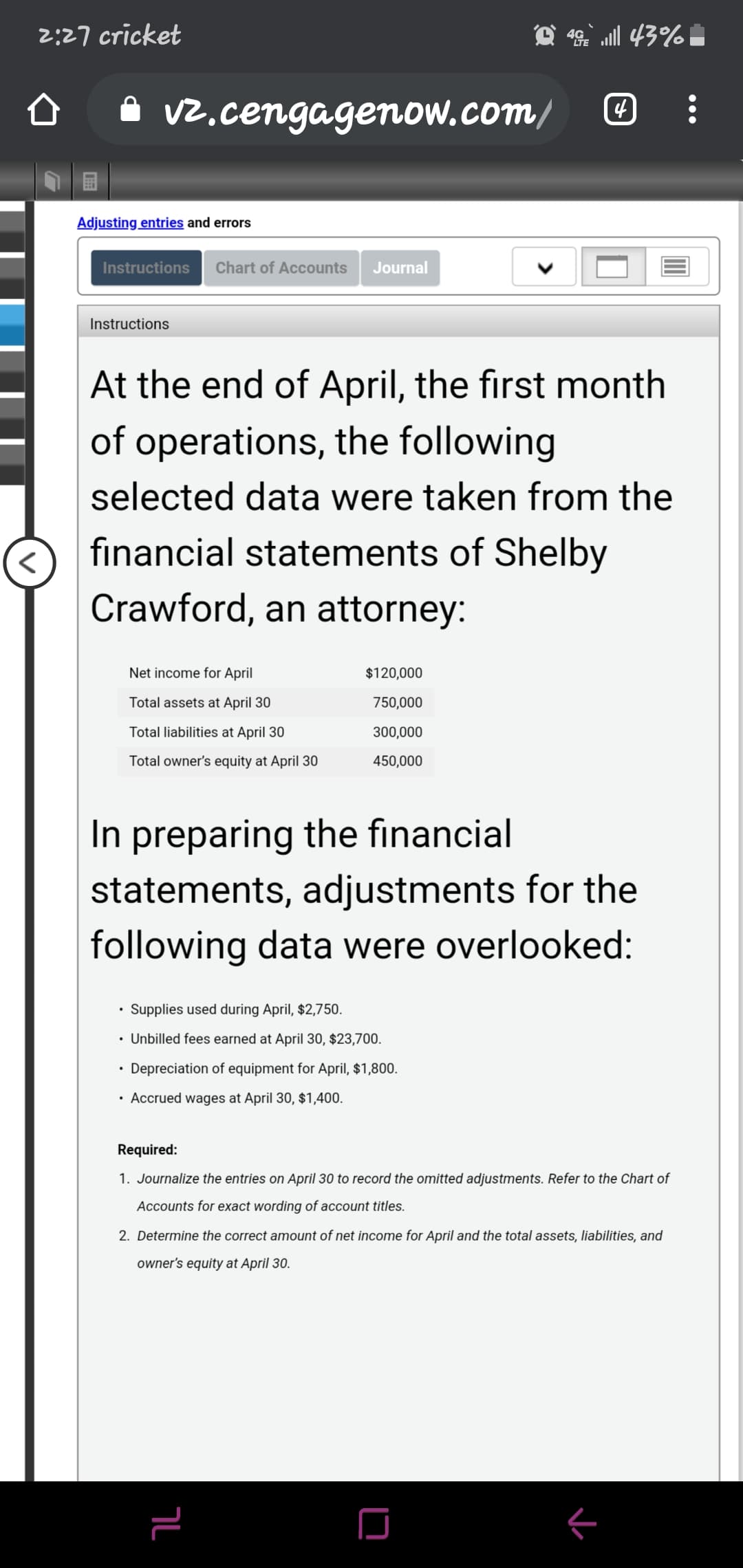 2:27 cricket
• v2.cengagenow.com/
Adjusting entries and errors
Instructions Chart of Accounts
Journal
Instructions
At the end of April, the first month
of operations, the following
selected data were taken from the
く
financial statements of Shelby
Crawford, an attorney:
Net income for April
$120,000
Total assets at April 30
750,000
Total liabilities at April 30
300,000
Total owner's equity at April 30
450,000
In preparing the financial
statements, adjustments for the
following data were overlooked:
• Supplies used during April, $2,750.
• Unbilled fees earned at April 30, $23,700.
• Depreciation of equipment for April, $1,800.
• Accrued wages at April 30, $1,400.
Required:
1. Journalize the entries on April 30 to record the omitted adjustments. Refer to the Chart of
Accounts for exact wording of account titles.
2. Determine the correct amount of net income for April and the total assets, liabilities, and
owner's equity at April 30.
Lצ
