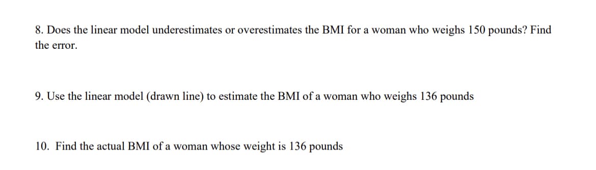 8. Does the linear model underestimates or overestimates the BMI for a woman who weighs 150 pounds? Find
the error.
9. Use the linear model (drawn line) to estimate the BMI of a woman who weighs 136 pounds
10. Find the actual BMI of a woman whose weight is 136 pounds
