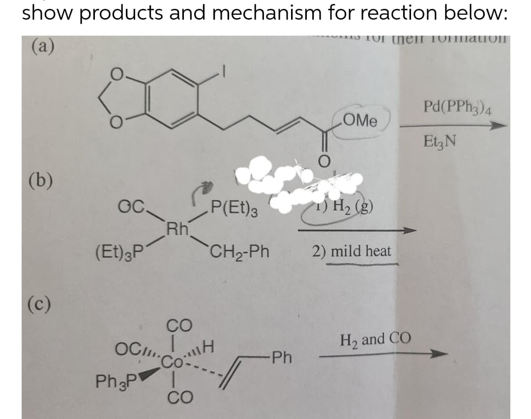 show products and mechanism for reaction below:
** TOI Unell TOnmation
(а)
Pd(PPH3)4
OMe
Etz N
(b)
P(Et)3
Rh
CH2-Ph
OC.
(3) H (1,
(Et) P
2) mild heat
(c)
CO
OCI.
Co
Ph3P
H2 and CO
Ph
