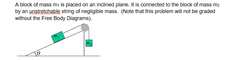 A block of mass mı is placed on an inclined plane. It is connected to the block of mass m2
by an ynstretchable string of negligible mass. (Note that this problem will not be graded
without the Free Body Diagrams).
m,
