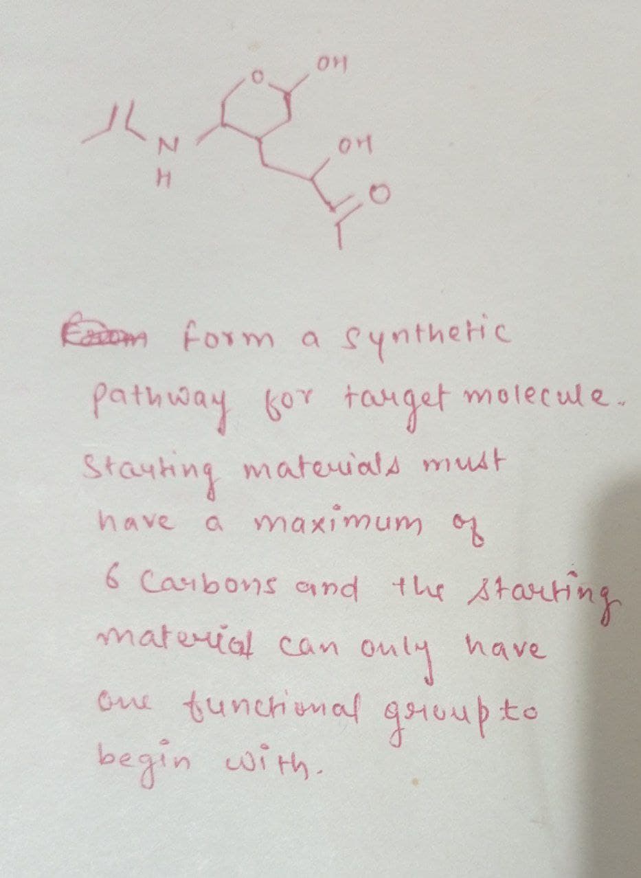 Eatom form a synthetic
pathway 6or tauget molecule.
Stayting mateals must
a maximum of
6 Caibons and the starting
have
material can
have
ouly
oue funchimal goroupto
begin with.
2ェ

