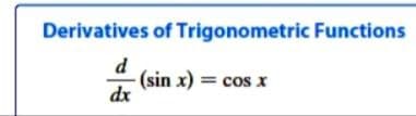Derivatives of Trigonometric Functions
d
(sin x) = cos x
dx
%3D
