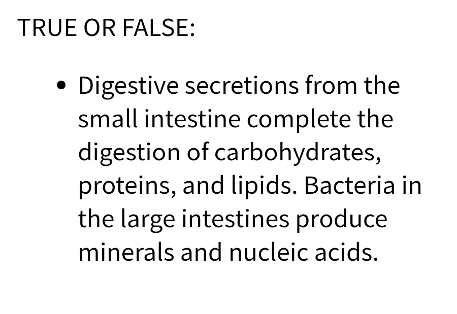 TRUE OR FALSE:
●
Digestive secretions from the
small intestine complete the
digestion of carbohydrates,
proteins, and lipids. Bacteria in
the large intestines produce
minerals and nucleic acids.