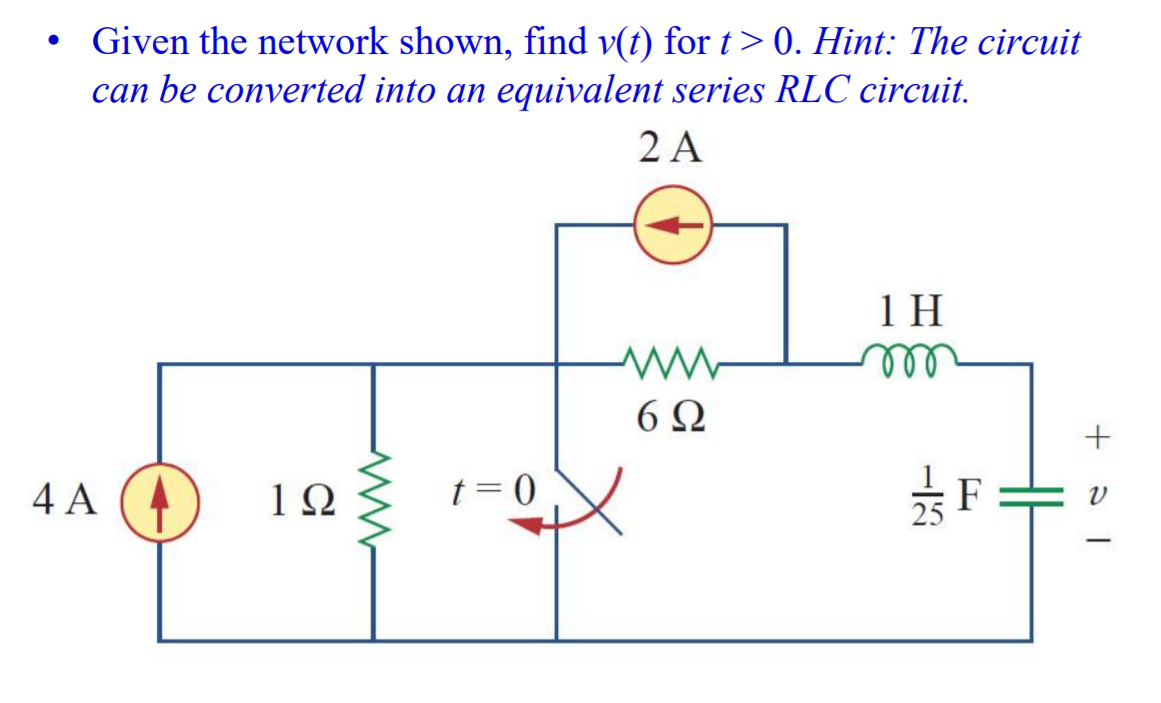 Given the network shown, find v(t) for t> 0. Hint: The circuit
can be converted into an equivalent series RLC circuit.
2 A
1 H
ll
6Ω
4 A
1Ω
t = 0
F
