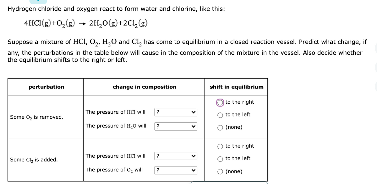Hydrogen chloride and oxygen react to form water and chlorine, like this:
4HC1(g)+O,(g) → 2H,0(g)+2Cl,(g)
Suppose a mixture of HCI, O,, H,O and Cl, has come to equilibrium in a closed reaction vessel. Predict what change, if
any, the perturbations in the table below will cause in the composition of the mixture in the vessel. Also decide whether
the equilibrium shifts to the right or left.
perturbation
change in composition
shift in equilibrium
to the right
The pressure of HCl will
to the left
Some 0, is removed.
The pressure of H20 will
(none)
to the right
The pressure of HCl will
to the left
Some Cl, is added.
The pressure of O, will
(none)
